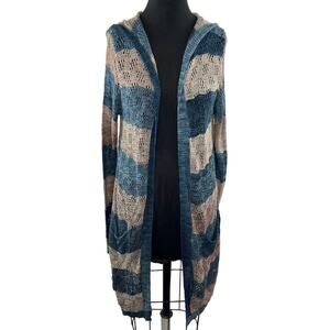Anthropologie MOTH Open-Knit Linen Tan/Blue Stripe Hooded Midi Cardigan Duster S
